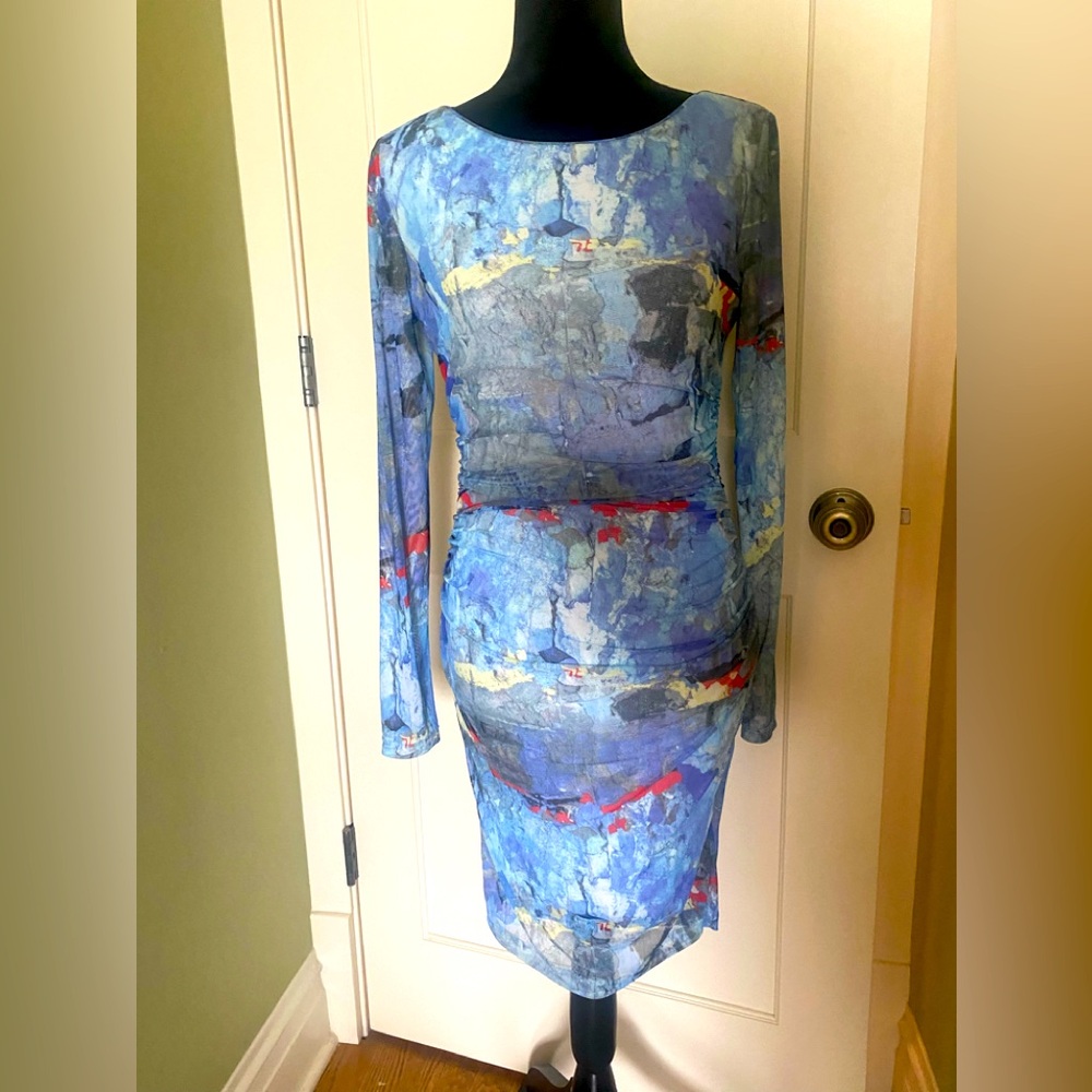 Kay Unger NY stretche sheer fabric midi dress in pastel colors, abstract design